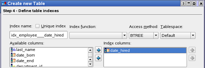 Define table indexes