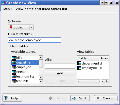 Step 1 - View name and tables